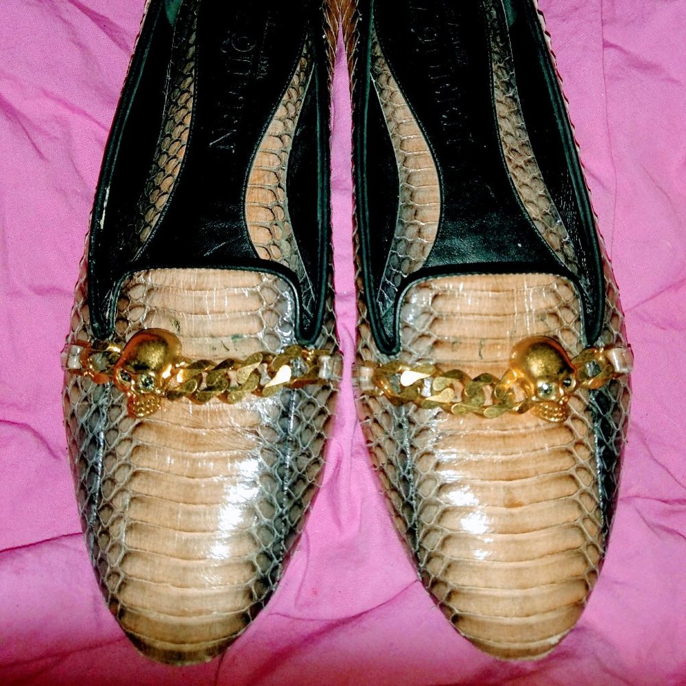 Alexander McQueen snake skin skull & chain loafers